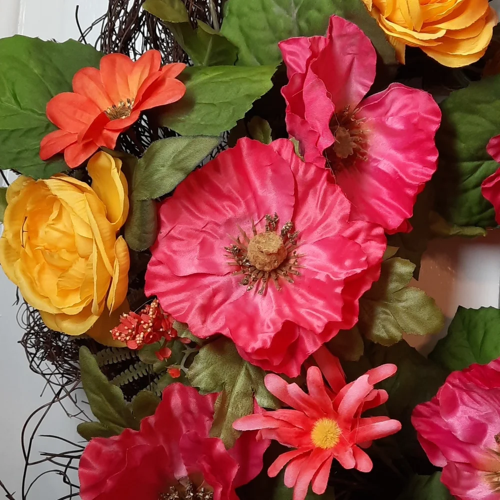 Wreath Pink Poppy Yellow Ranunculus Silk Artificial Flower Indoor Outdoor Decor